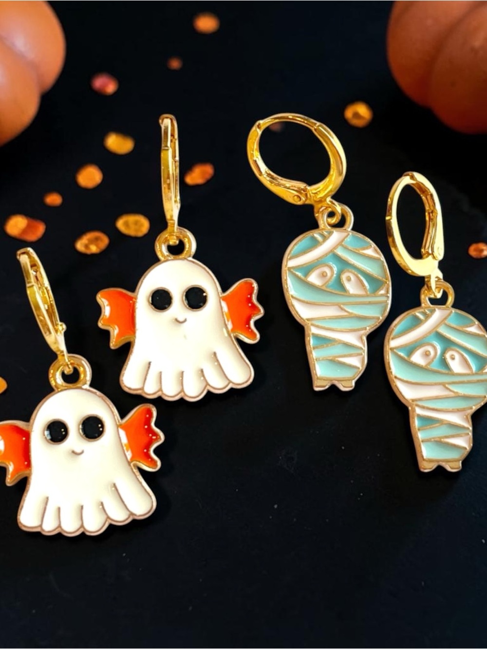 Halloween Ghost and Mummy Enamel Charm Earrings  Gold Plated